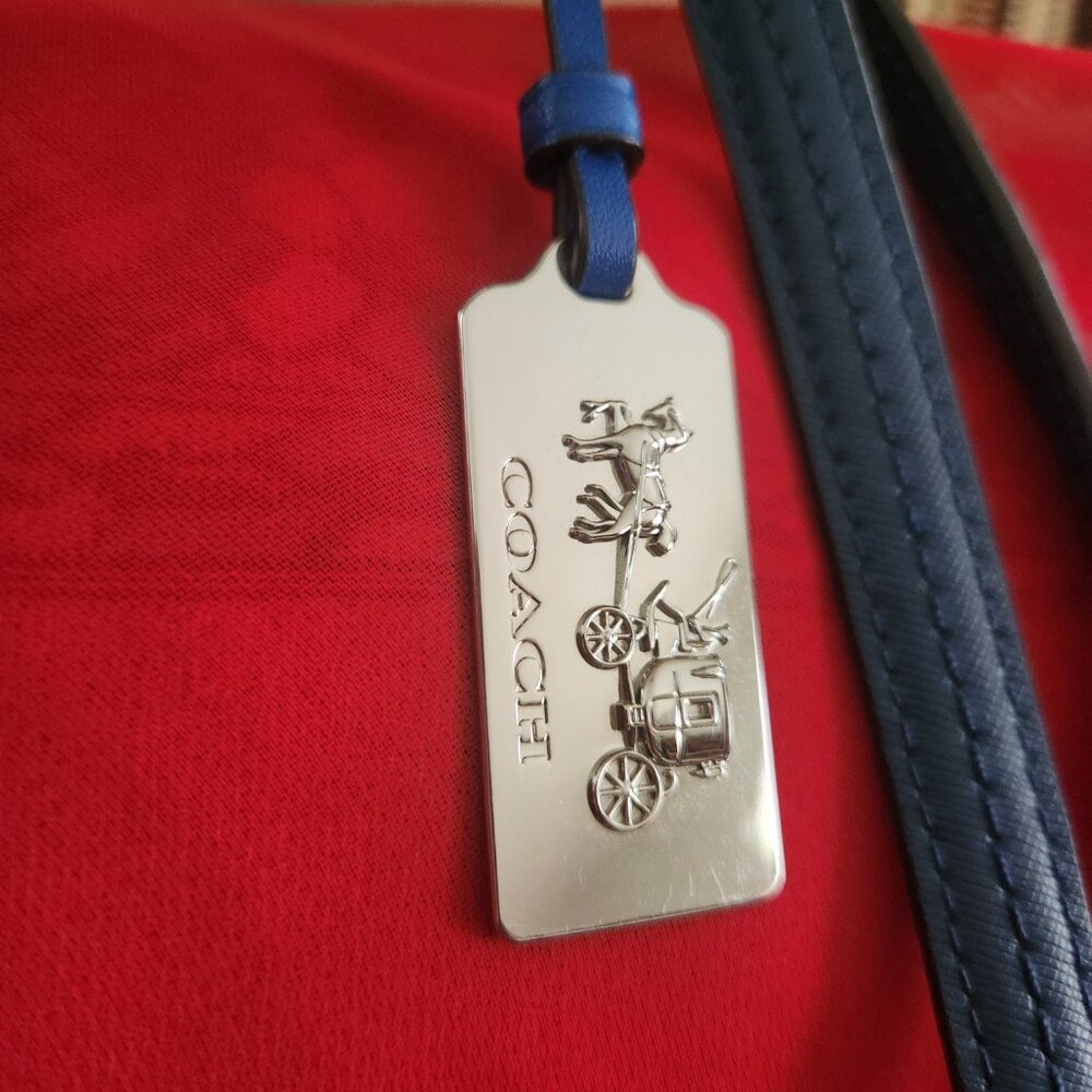 Coach Tan Signature Canvas Tote with Blue Trim - Picture 2 of 11